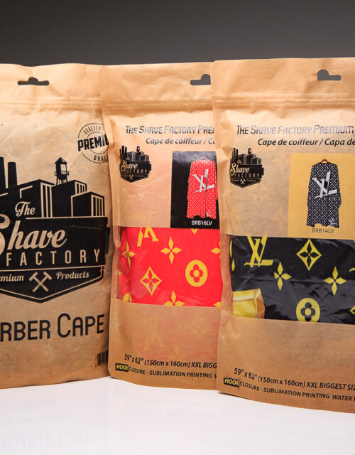 The Shave Factory barber cape lv red white